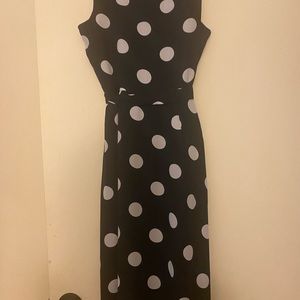 Navy and white midi polka-dot dress by Banana Republic.